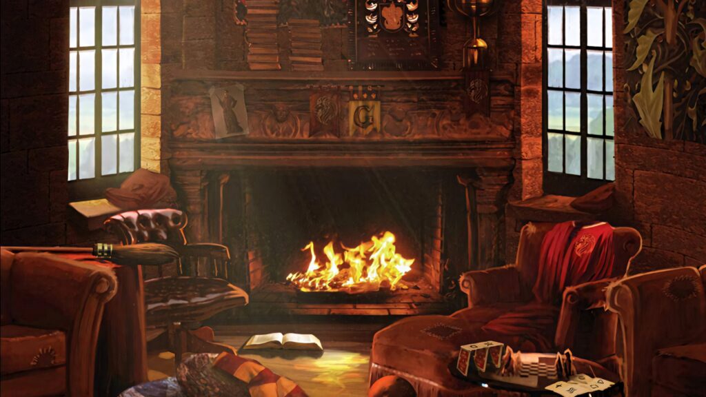 Gryffindor Common Room cozy fireplace plush armchairs books wooden decor Hogwarts wallpaper