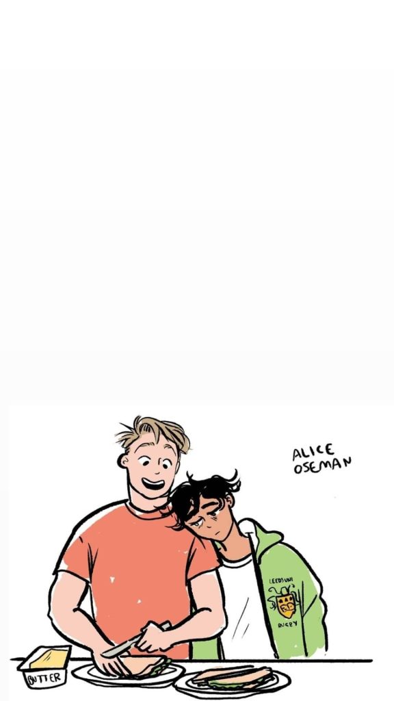 Heartstopper wallpaper of Nick Nelson and Charlie Spring cooking breakfast in cozy style