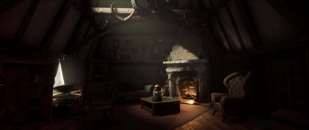 Cozy Hogwarts Legacy common room with flickering firelight stone walls antique magical books Wallpaper