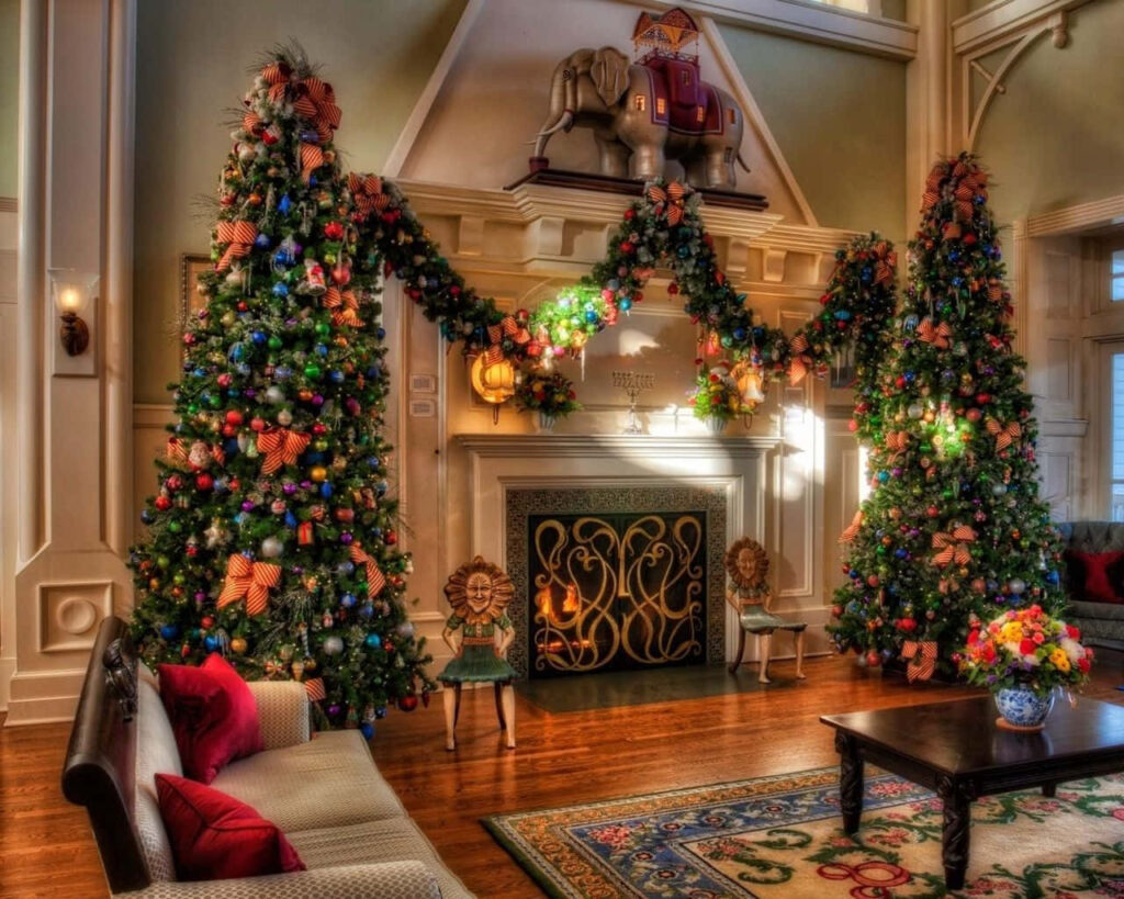 Cozy Christmas Fireplace & Decorated Trees - Festive Wallpaper Background