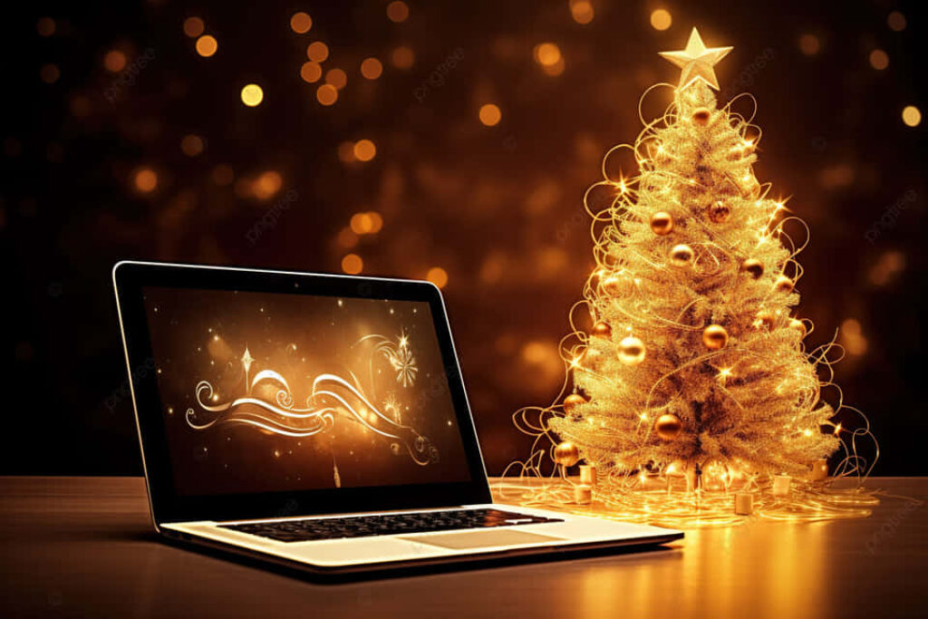 Cozy Holiday Wallpaper: Festive Tree & Laptop Design