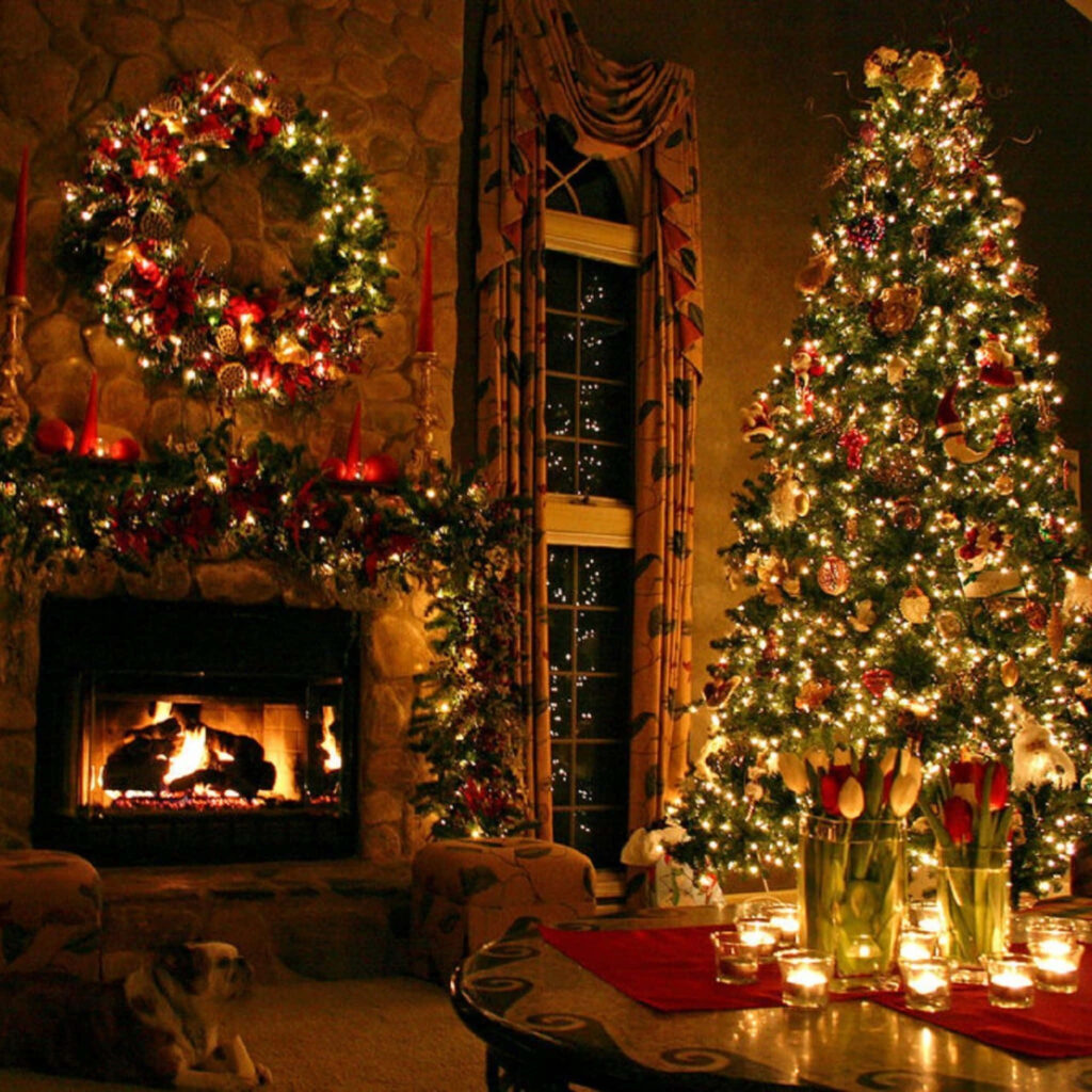 Cozy Living Room Christmas Wallpaper: Tree, Fireplace & Candles
