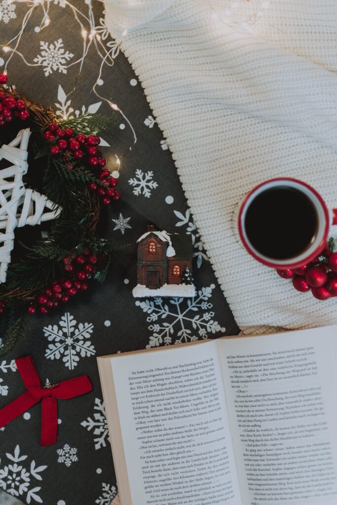 Festive Cozy Winter Wallpaper: Book, Coffee, and Christmas Decor
