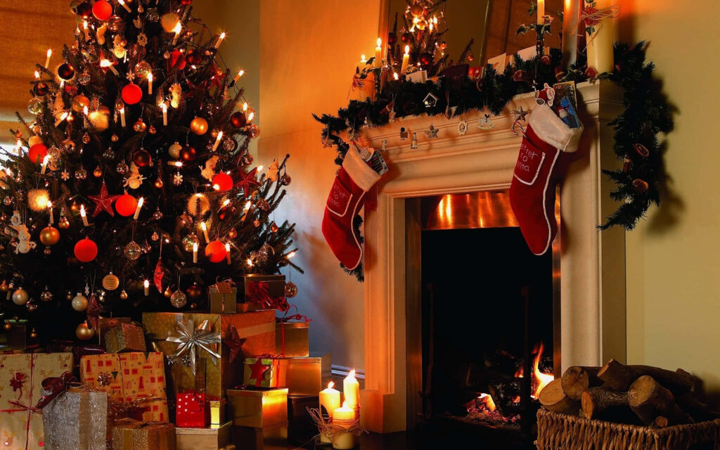 Cozy Holiday Wallpaper: Festive Christmas Scene with Tree & Fireplace