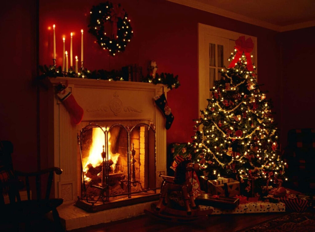 Cozy Holiday Wallpaper: Festive Fireplace & Christmas Tree Scene