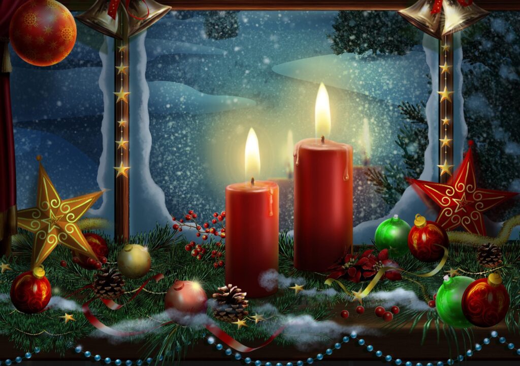 Cozy Holiday Wallpaper: Glowing Candles & Snowy Window Scene