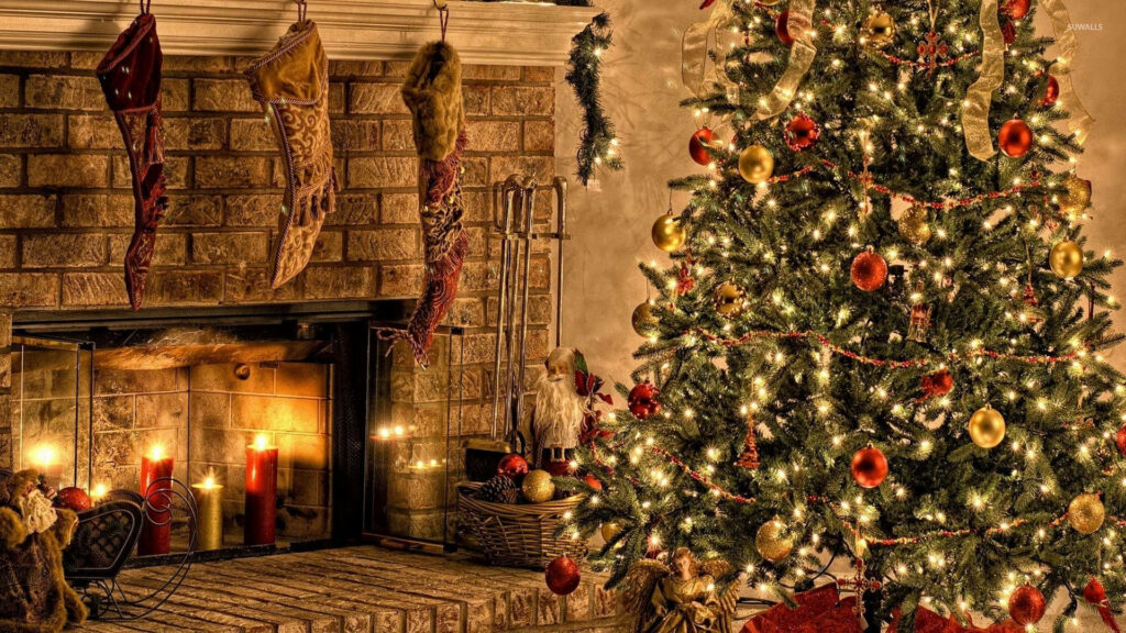 Cozy Holiday Vibes: Glowing Christmas Tree & Warm Fireplace Decor Wallpaper