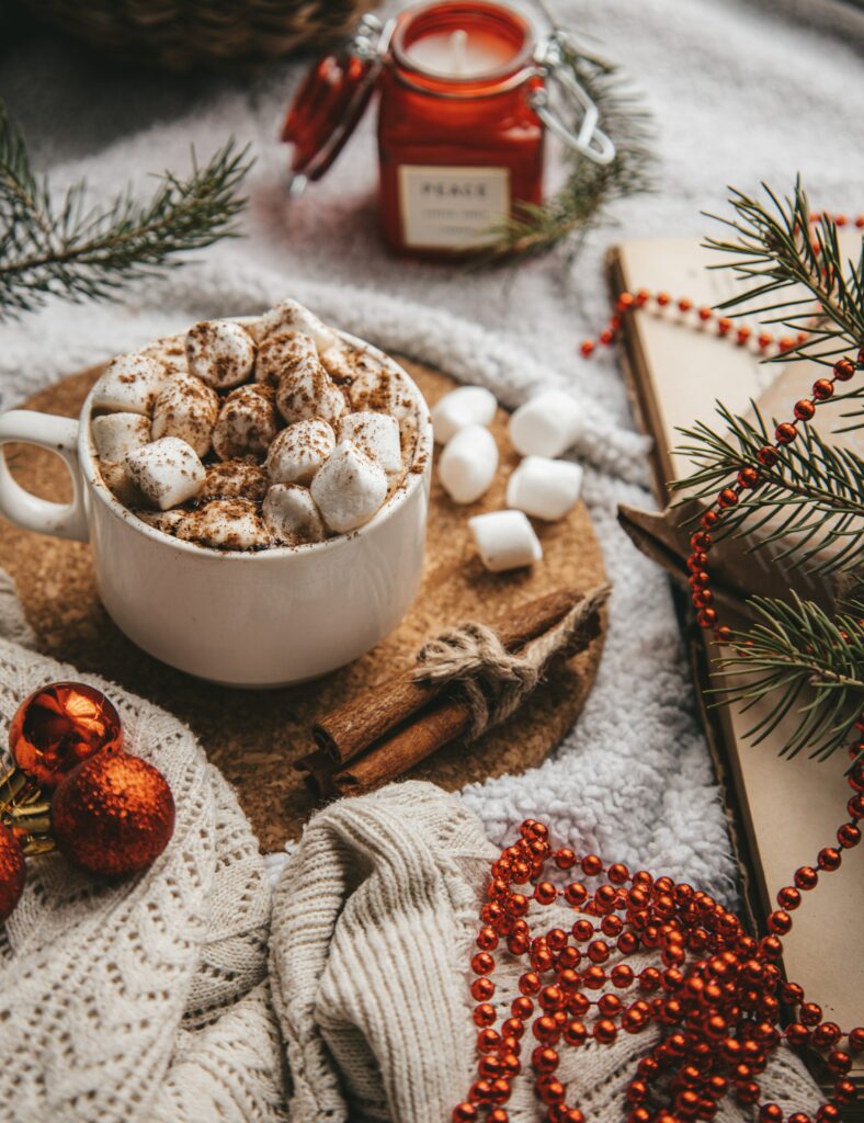 Cozy Holiday Wallpaper: Hot Chocolate & Festive Decorations