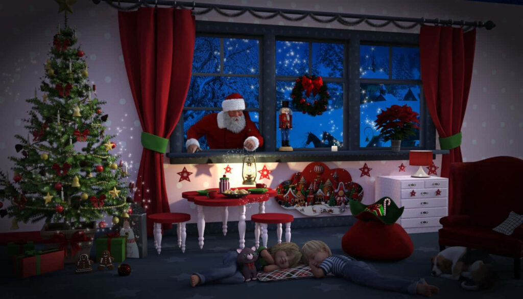 Cozy Holiday Scene: Kids Sleeping by Tree with Santa Watching Wallpaper