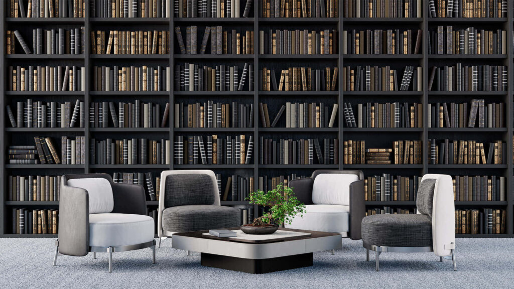 Stylish home library wallpaper with dark bookcase and neatly arranged books for cozy reading