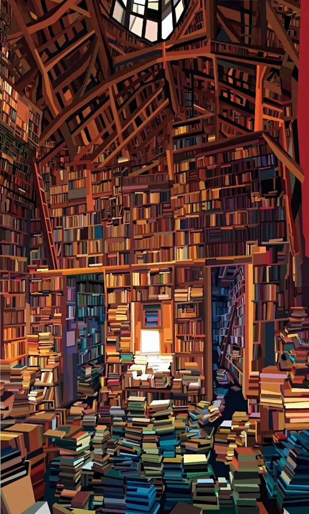 Cozy home library with towering bookshelves and warm sunlight streaming through large window Wallpaper