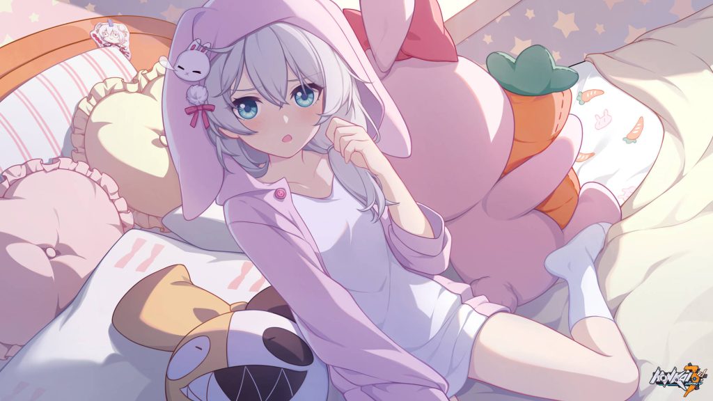 Theresa Apocalypse in pink rabbit hoodie relaxing on bed with plushies Honkai Impact 3rd wallpaper