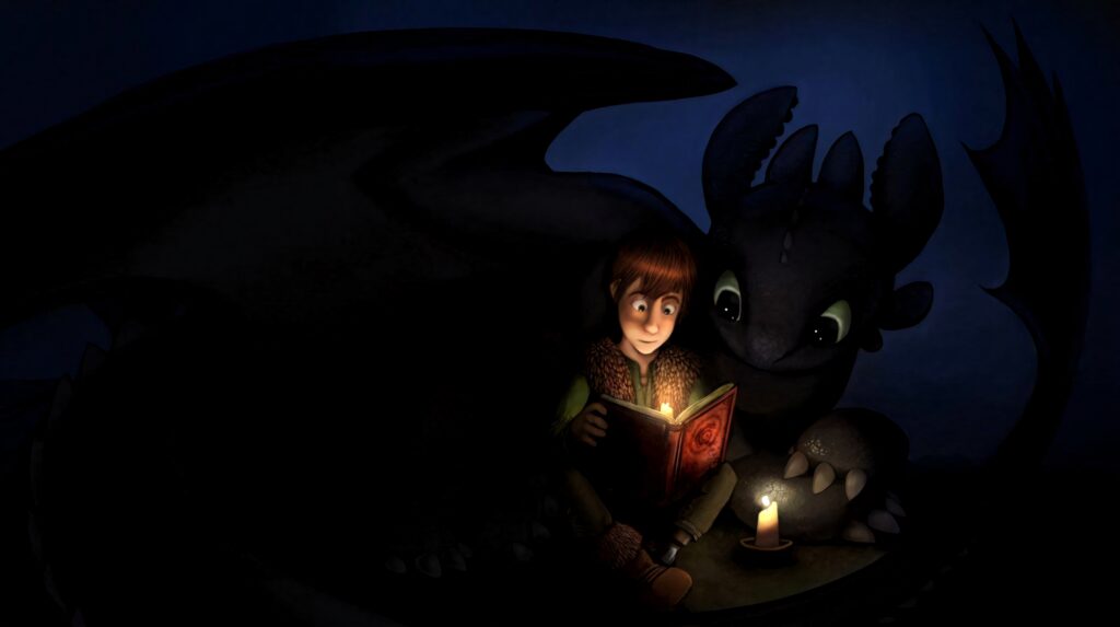 Magical Night Wallpaper: Hiccup & Toothless Reading by Candlelight