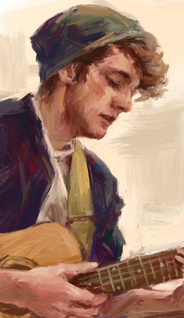 Impressionistic digital portrait of musician Wilbur Soot playing guitar in warm cream tones Wallpaper