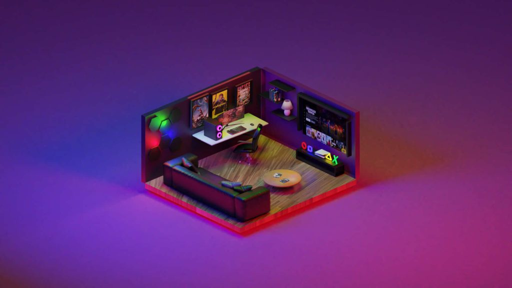 Cozy isometric 3D gaming room with black couch purple lighting Stranger Things PC setup wallpaper