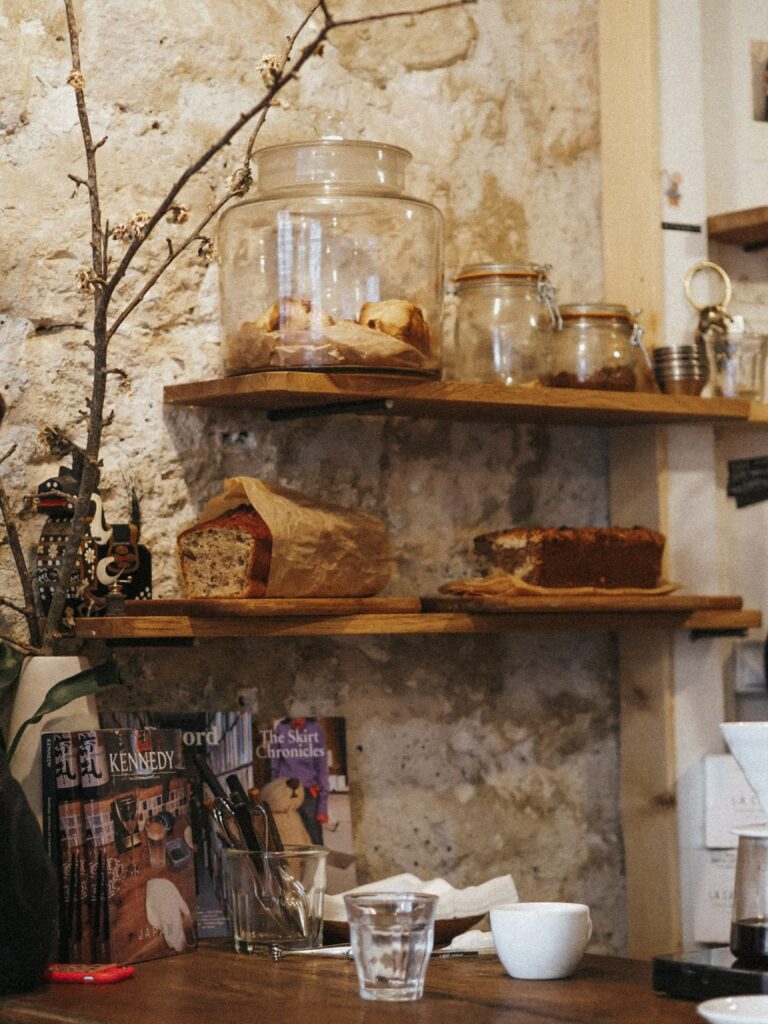 Cozy Kitchen Wallpaper: Rustic Shelves with Fresh Bread & Pastries