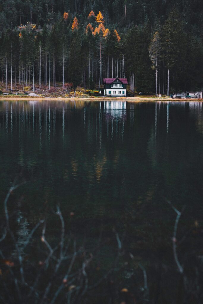 Cozy lakeside house surrounded by tall pine forest reflected on calm water serene nature wallpaper