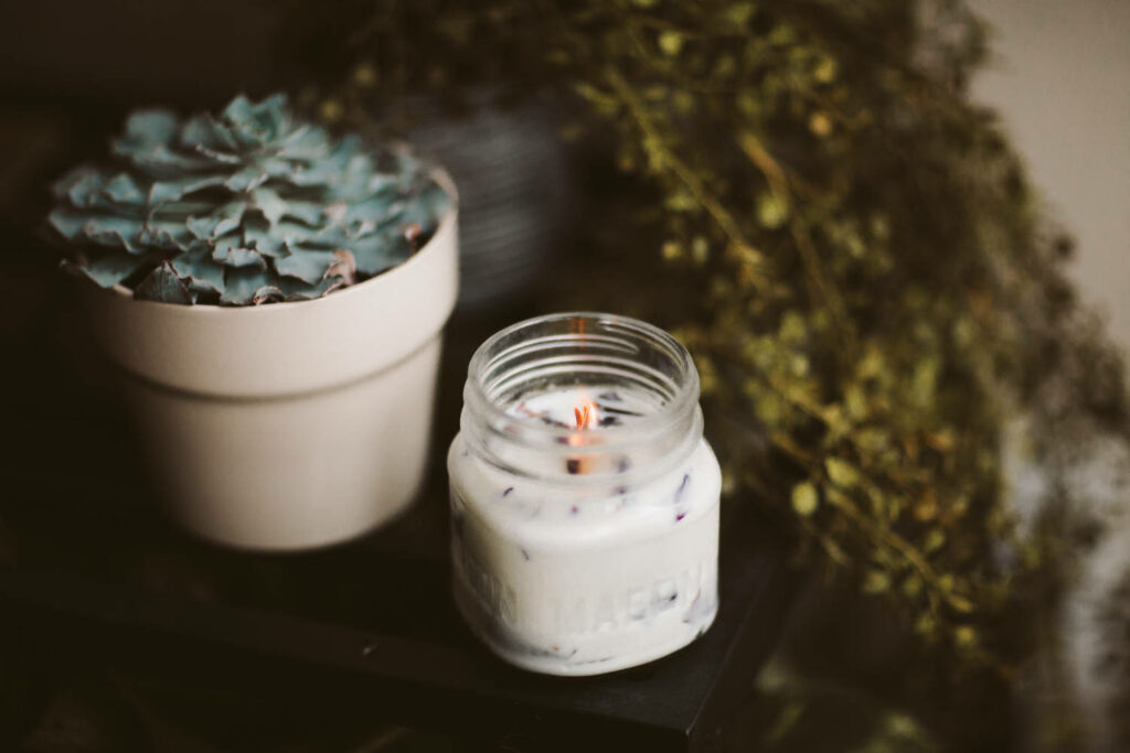 Calm laptop wallpaper with lit candle in glass jar and potted succulent on dark surface