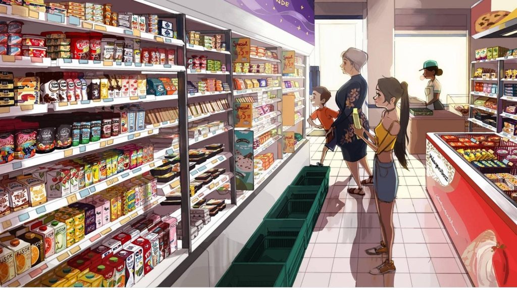 Young woman in grocery store aisle waiting by Haagen-Dazs freezer vibrant supermarket scene wallpaper