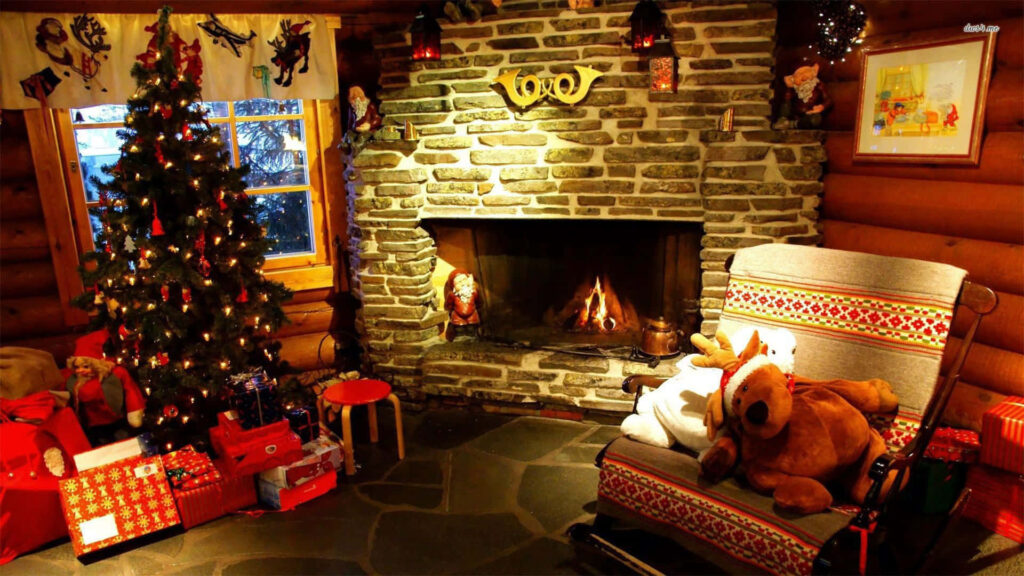 “Cozy Log Cabin Wallpaper with Fireplace & Festive Christmas Decor”