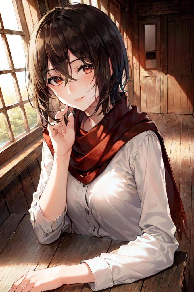 Serene Mikasa Wallpaper: Gentle Character in Warm Wooden Room