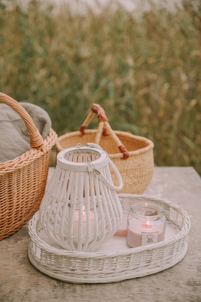 Cozy Outdoor Decor: Wicker Baskets & Candle Holder Wallpaper