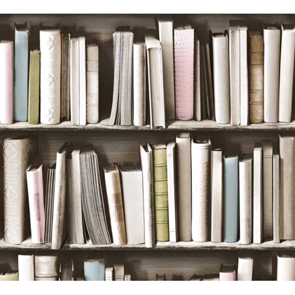 Bookshelf with pastel-colored books creating a calm cozy atmosphere for book lovers wallpaper