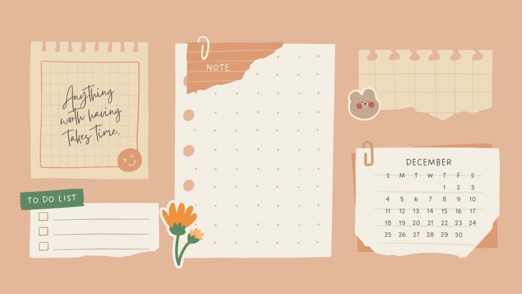 Pastel December desktop organizer wallpaper with calendar to-do list and motivational notes cozy design