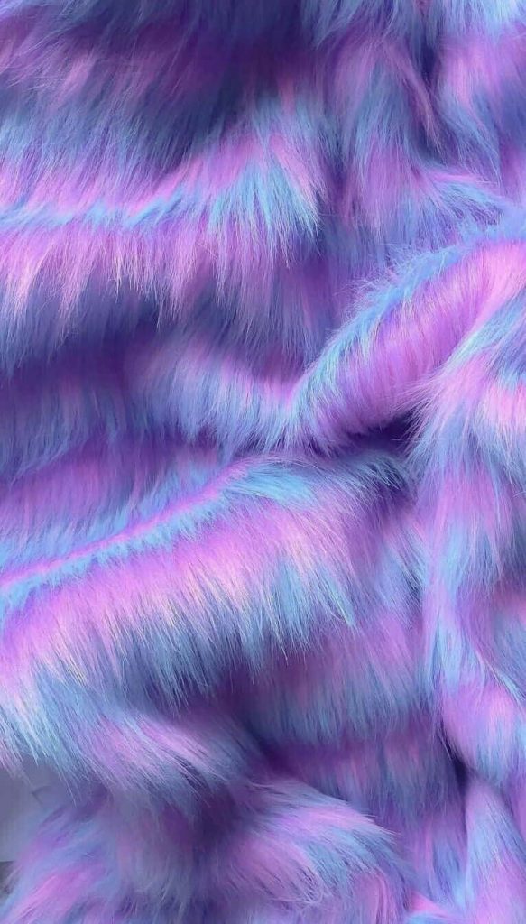 Vibrant pastel faux fur wallpaper with soft plush texture in purple blue and magenta tones