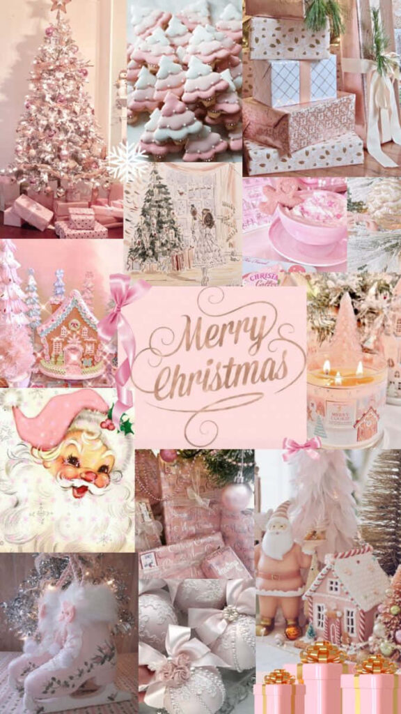 Cozy Pink Christmas Collage Wallpaper: Festive Tree & Vintage Decor