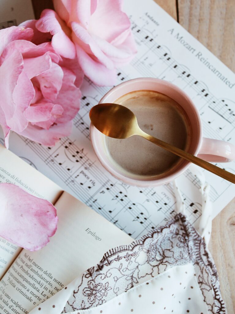 Cozy Pink Coffee Cup Wallpaper with Roses & Musical Notes