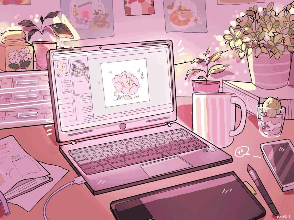 Cozy anime-inspired pink desk setup with laptop tablet plants and coffee mug digital wallpaper