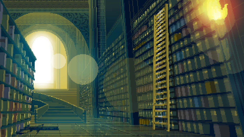 Cozy pixel art library with warm sunlight, tall bookshelves, colorful books, and wooden ladder Wallpaper