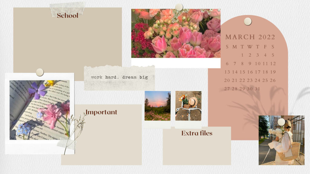 Cozy organized workspace with sleek laptop pastel notes floral photos and elegant calendar background Wallpaper