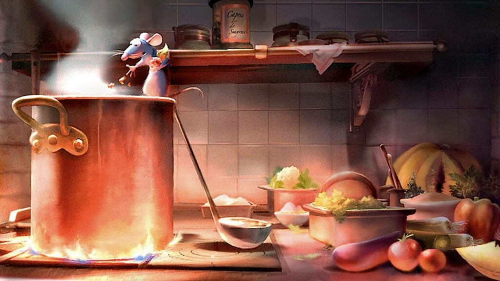 Charming Ratatouille Wallpaper: Remy Cooking in a Cozy Kitchen