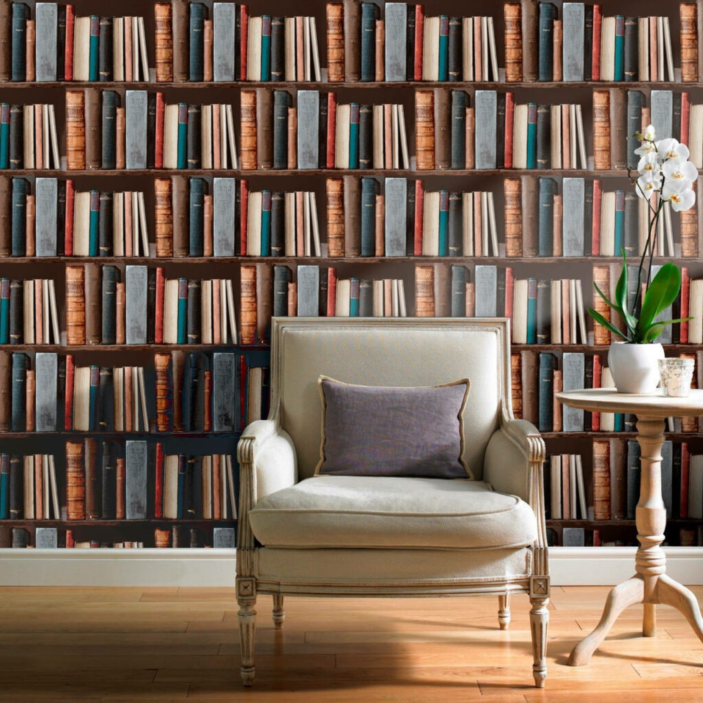 Realistic bookshelf wallpaper with books and files creating a cozy library ambiance background