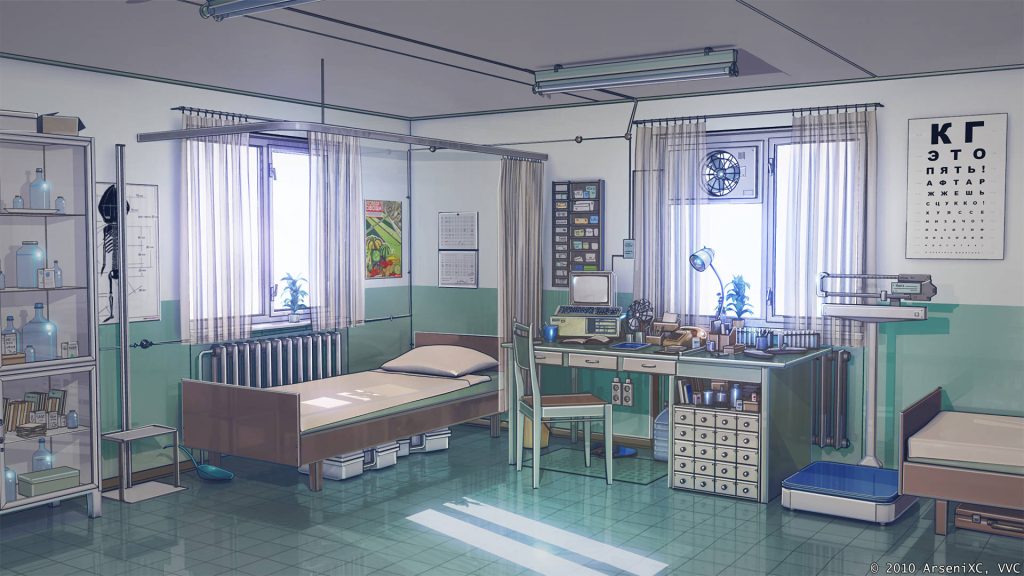 Cozy retro anime hospital room digital art with vintage medical gear and soft natural light Wallpaper