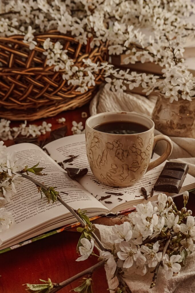 Cozy Rustic Wallpaper: Tea, Chocolate, Book & Blossoms Aesthetic