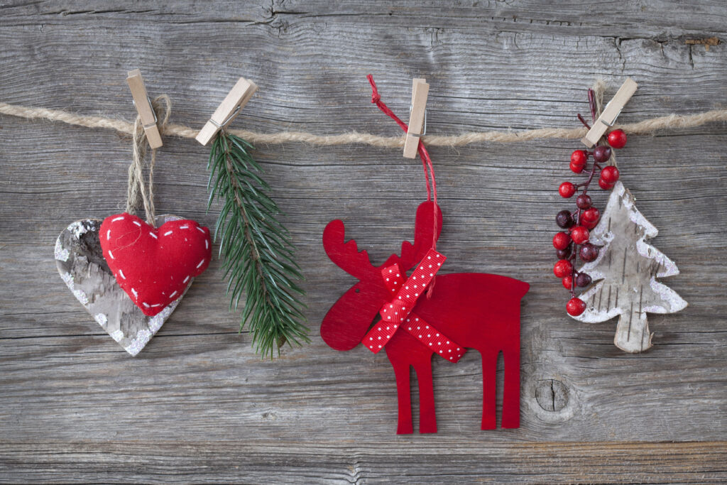Rustic Christmas Wallpaper: Red Moose & Festive Ornaments Background