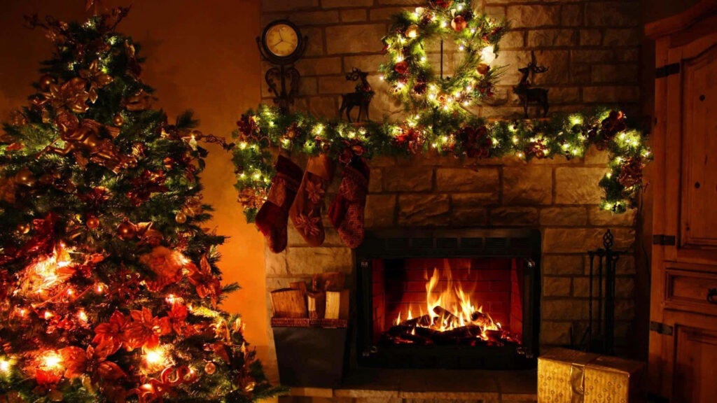Cozy Rustic Christmas Wallpaper: Warm Room with Tree & Fireplace