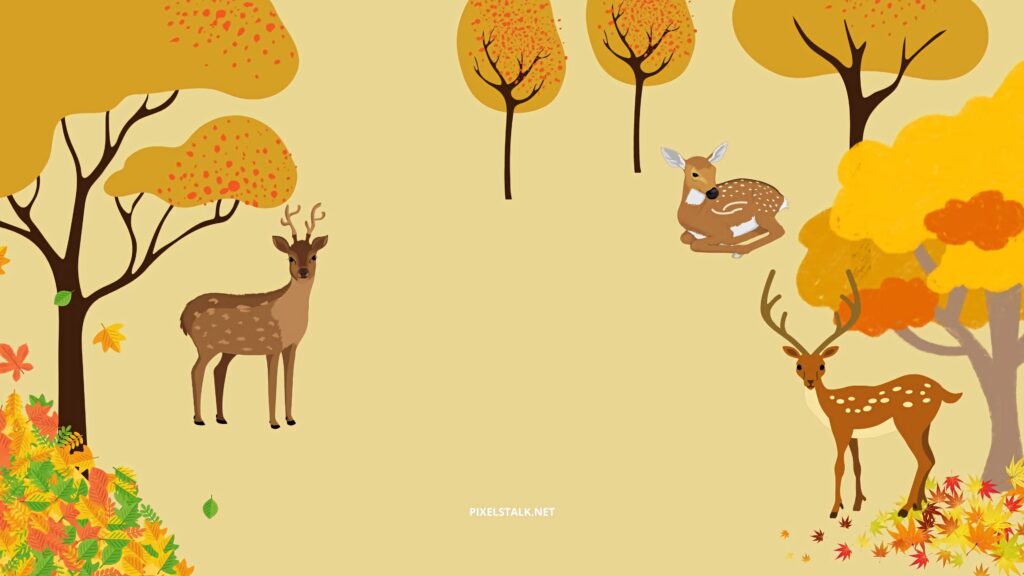 Rustic digital wallpaper with deer and autumn trees in warm earthy tones for cozy fall decor
