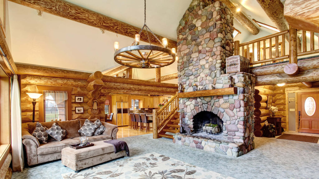 Cozy virtual fireplace Zoom background with rustic stone hearth log cabin walls living room decor Wallpaper