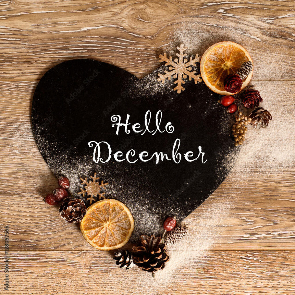 Rustic heart cake with Hello December script dried oranges pinecones berries snowflake cookies Wallpaper