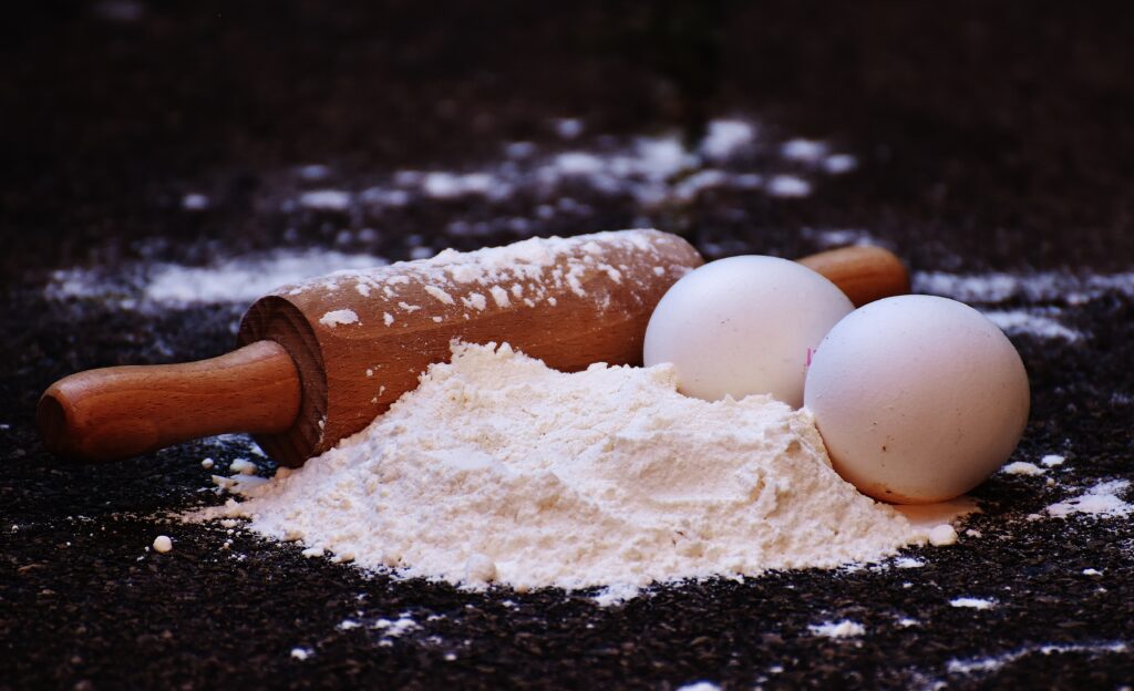 Cozy Rustic Kitchen Wallpaper with Rolling Pin, Flour & Fresh Eggs