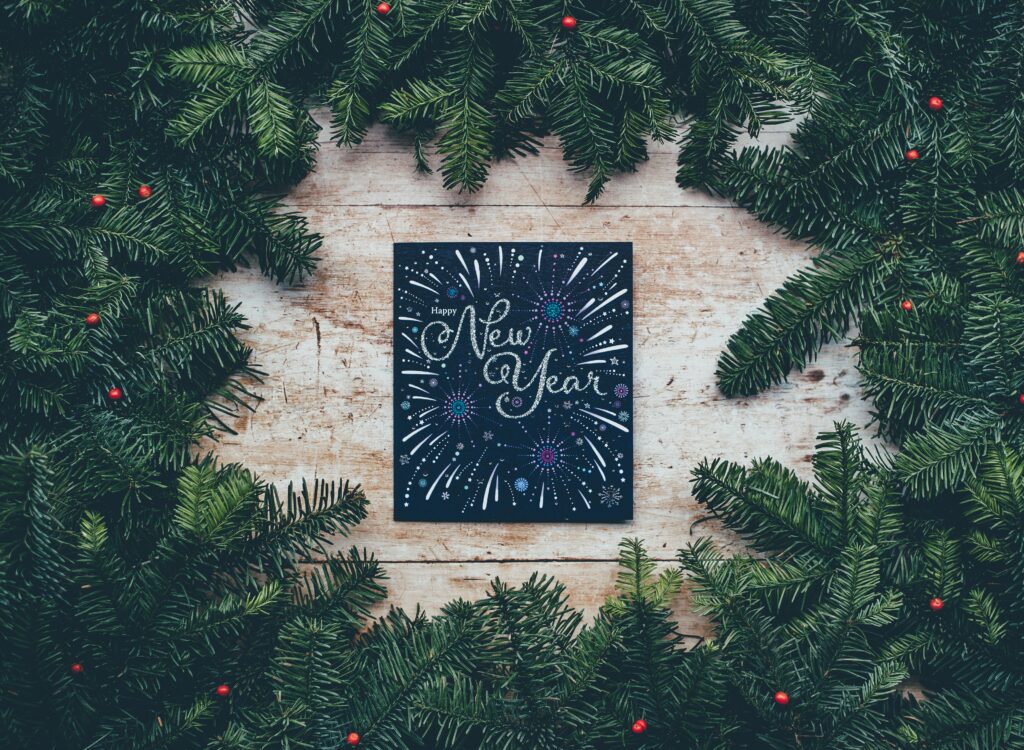 Cozy Festive Wallpaper: Rustic New Year Postcard with Spruce Elegance