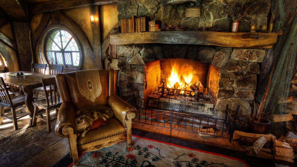 Rustic stone fireplace with warm fire wooden chairs vintage decor cozy Zoom background wallpaper