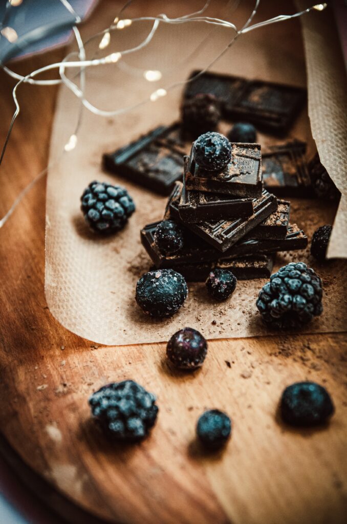 Indulgent Rustic Dark Chocolate & Berries Wallpaper Background