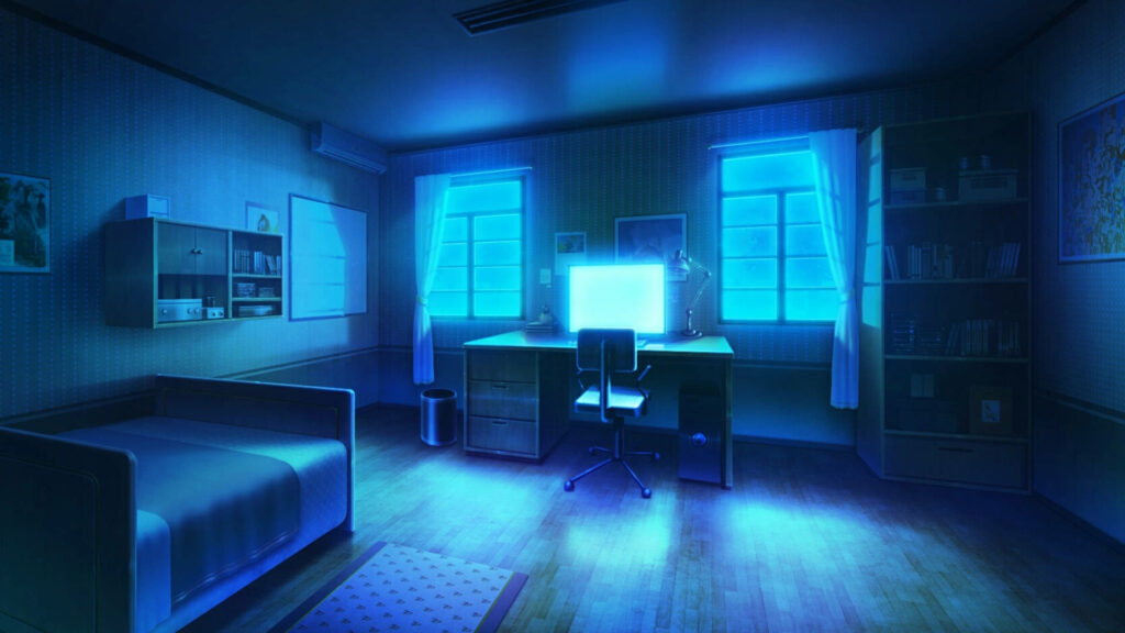 Serene Sanctuary: A Cozy Anime Bedroom Oasis with a Single Bed, Desk, and Chair Surrounded by Ethereal Blue Lighting Wallpaper