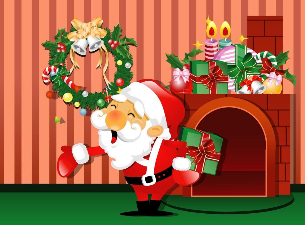 Cheerful Santa Claus Christmas Wallpaper with Cozy Fireplace