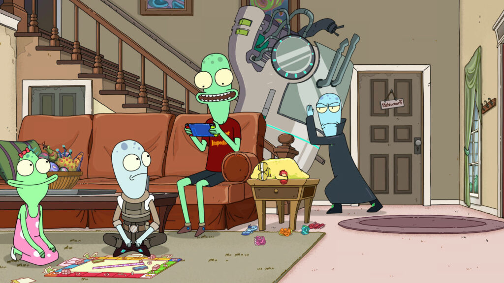 Cozy Solar Opposites Wallpaper: Alien Characters in Vibrant Room